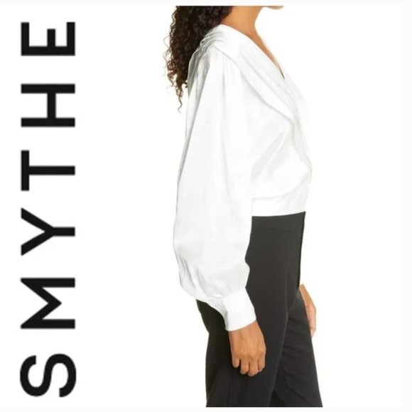 SMYTHE Pleated Wrap Front Long Sleeve Blouse, Size Medium - Ivory - Picture 4 of 6